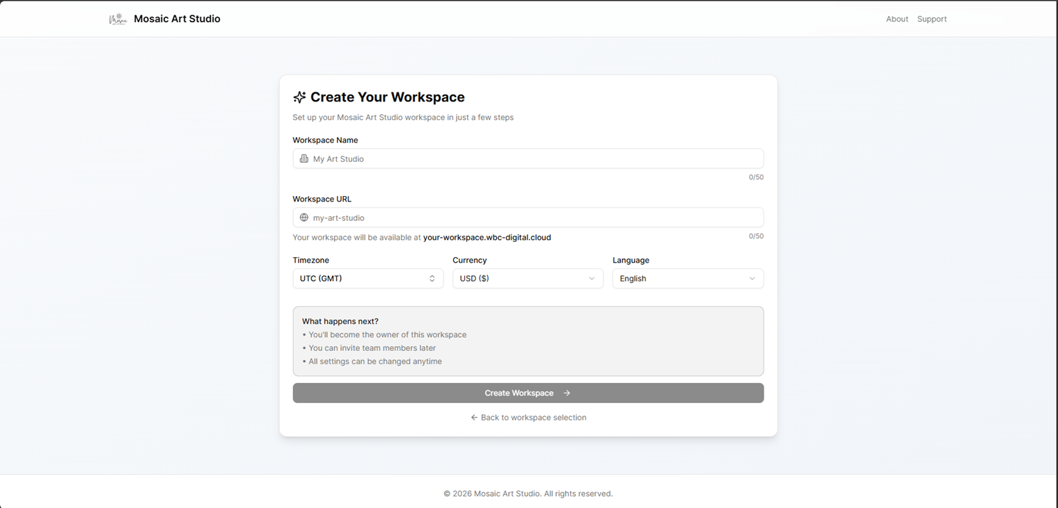 Workspace creation form with name, slug, timezone, and currency fields